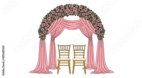 Elegant wedding altar adorned with pink roses and flowing fabric creating a romantic setting for unforgettable memories and dreamy celebrations