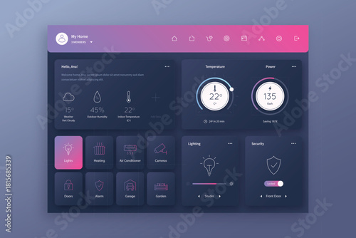Smart home management system interface and technology icons