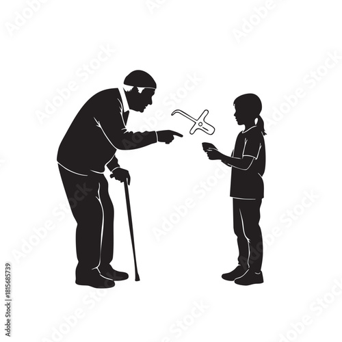 Elderly man warns young girl, finger pointing at object. Grandfather scolding granddaughter, generation gap. Child holding toy. Black white silhouette vector illustration on isolated background.