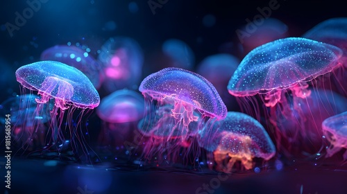 Bioluminescent marine life illuminates the deep ocean environment with vibrant neon colors