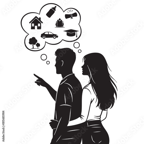 Couple contemplating future aspirations silhouette vector. Man woman dreaming about goals, life plans. Thought bubble with home, car, family, career icons. Black white outline on isolated background.