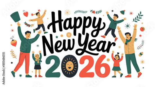 New Year Celebration: Vibrant illustrations of figures reveling in the celebratory spirit, with joyful energy and warm greetings for a new year's festive.