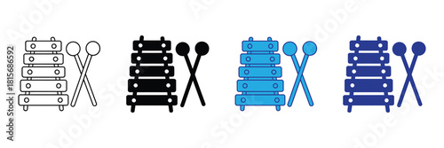 Collection of xylophone icons in outline, solid black, light blue, and dark blue, representing musical instrument and percussion, isolated on white background. 