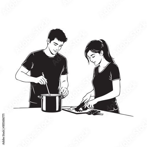 Monochromatic vector illustration of a man and woman cooking together. A couple preparing a meal, with the man stirring a pot and the woman chopping vegetables on a cutting board.