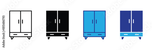 Four stylistic representations of a wardrobe: outline, solid black, bright blue, and blue and dark blue, all isolated on white backgrounds