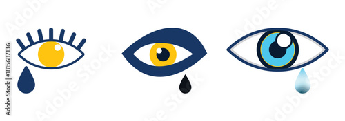 Set of crying eye icons with tears in different styles and colors, emotional expression vector symbols representing sadness, grief, and feelings
