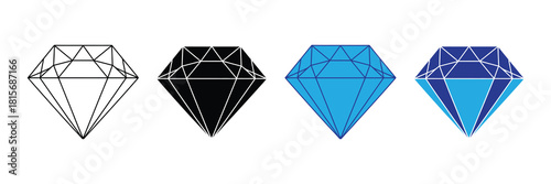 Collection of four stylized diamond icons: outline, silhouette, bright blue, and two-tone blue gem facets for luxury, wealth, and value representation. isolated on white background