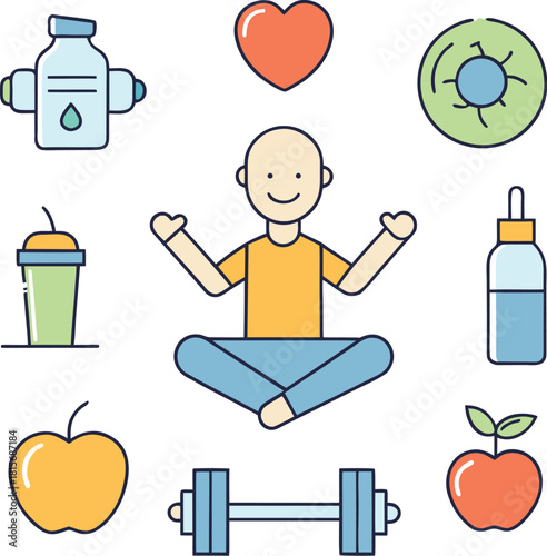 A person meditating in a lotus position surrounded by various health and wellness icons