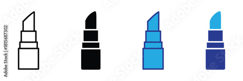 Set of four lipstick icons: outline, solid black, outlined blue, and filled blue, symbolizing cosmetic beauty and makeup application choices. isolated on white background