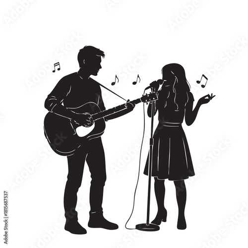 Female Vocalist and Male Guitar Player Performing Live Silhouette Illustration