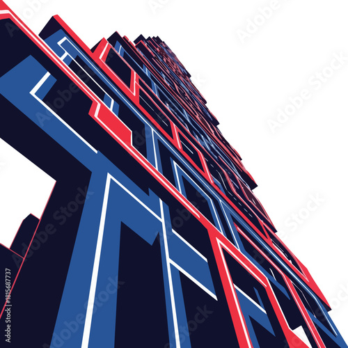 A striking abstract geometric skyscraper illustration featuring bold blue and red lines, showcasing modern architectural complexity and upward perspective.