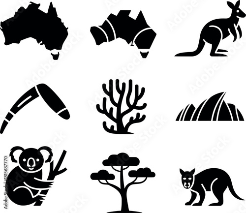 Australian Landmarks Animals and Cultural Icons Black and White Silhouette