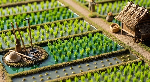 Discover the Serene Beauty of a Miniature Rice Paddy Farm with Lush Green Seedlings and Traditional Hut, Perfect for Agricultural Concepts and Cultural Learning