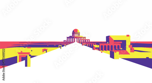 A striking digital illustration features a long, white road extending towards a majestic, domed building amidst a vibrant, abstract landscape.