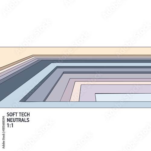 A minimalist abstract design featuring a receding perspective of soft, neutral-toned layered geometric shapes, evoking modern technology and serene aesthetics.