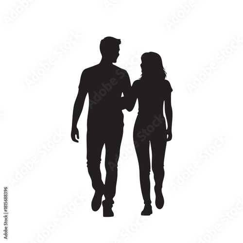 Happy young adult couple walking together with linked arms, side profile, isolated against a pristine white backdrop, depicting a relaxed moment of joy and connection