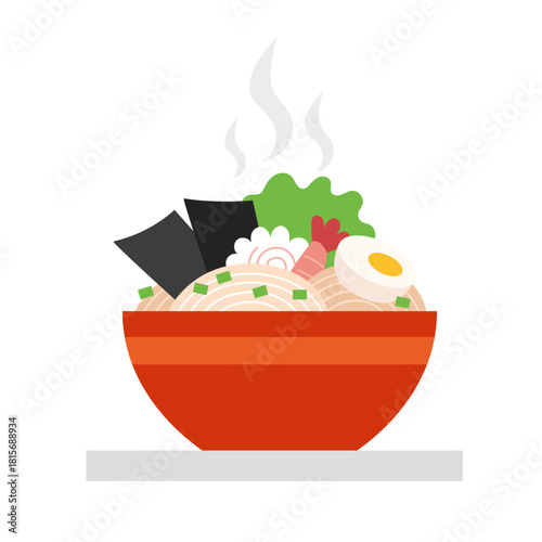 Bowl of ramen with egg, shrimp and greens. Vector flat illustration isolated on white. Tasty Asian noodle soup in kawaii style.