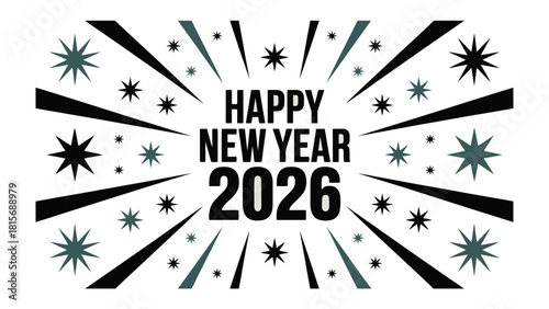 New Year 2026: A vibrant and modern design proclaims the arrival of the New Year, adorned with festive burst patterns and celebratory elements.
