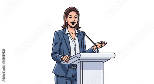 Confident businesswoman delivering a powerful speech at a modern conference podium, ready to inspire and lead at a corporate event today
