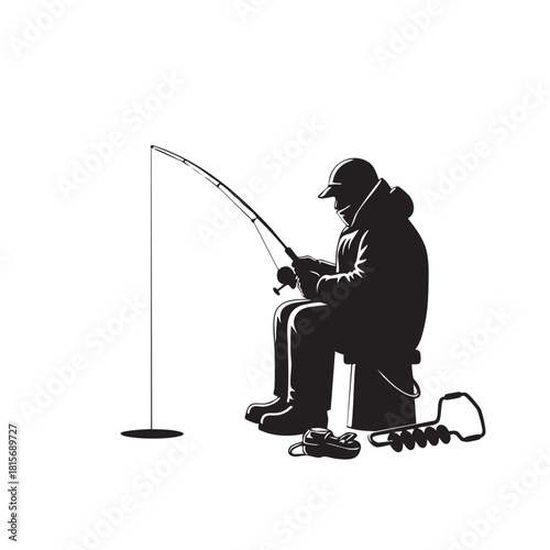 Silhouette illustration of a lone ice fisherman sitting by a hole, depicting the serene and focused activity of winter fishing, ideal for outdoor sports and seasonal themes