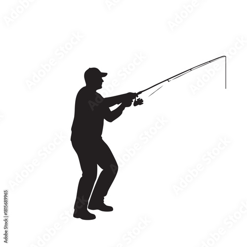 Dynamic silhouette illustration of a man casting a fishing rod, depicting the active and skillful art of angling, ideal for sports, outdoor activities, and fishing gear advertisements