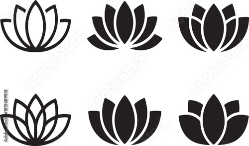 Collection of black and white lotus flower icons for holistic wellness and beauty