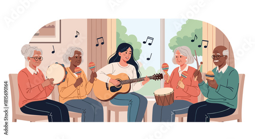 Joyful seniors making music together with a young woman playing guitar in a bright room, fostering community and happiness through creative arts