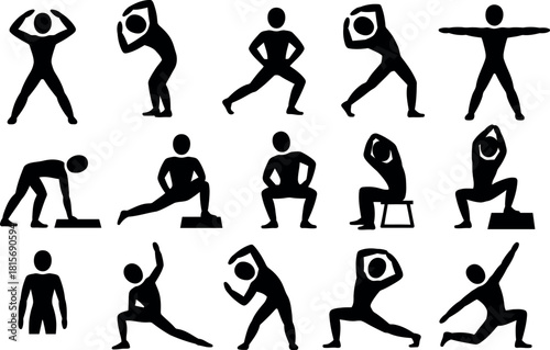 Black silhouettes of people performing various stretching exercises and yoga poses