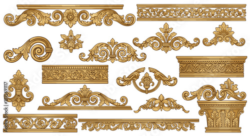 Elegant golden baroque ornaments with floral details perfect for adding a touch of luxury to your design projects and creative endeavors today