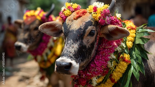 Decorated Cows for Mattu Pongal Festival with Floral Garlands and Ceremony