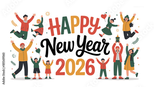 Celebrating the Future: A vibrant festive illustration, capturing the exuberant energy of a group anticipating the New Year.