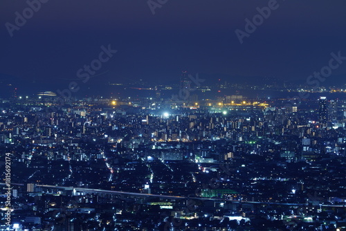 生駒山から見た、大阪平野夜景　明石海峡大橋遠望