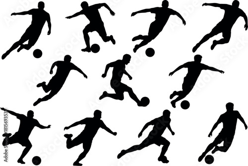 Dynamic Soccer Player Silhouettes in Action Set Against White Background