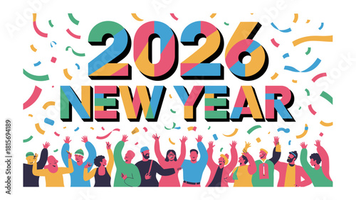 Vibrant Celebration of 2026 New Year: A vivid, modern illustration capturing a lively gathering, celebrating the upcoming year with joy and excitement.