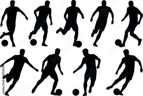 Silhouette soccer players in action with dynamic movements on white background