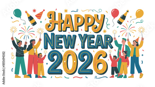 New Year's Eve Festivities 2026: A vibrant and cheerful illustration heralds the start of 2026 with a lively group of people. Celebrate the joyous holiday with festive decor and confetti 