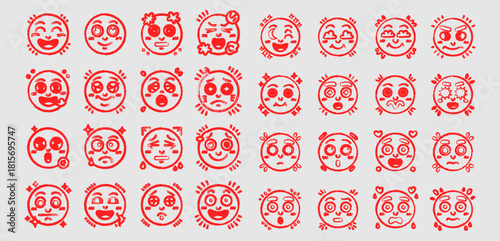Set of red pixel art panda face emoji icons showing various happy, sad, and surprised emotions