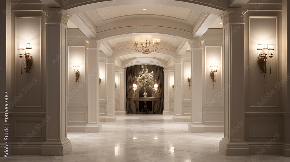 Obraz premium Stunning grand entrance hall with marble floor, elegant columns, and stylish lighting, perfect for luxury hotel, upscale residence, or sophisticated venue