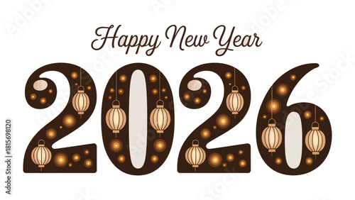 New Year 2026 Celebration: A festive illustration of Happy New Year 2026 with elegant typography and intricate details, inviting a sense of anticipation and celebration for the upcoming year.