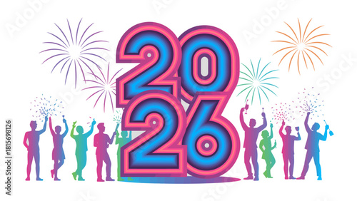 New Year 2026 Celebration: A vibrant silhouette display captures the excitement of a new beginning, with fireworks erupting amidst figures raising a toast to 2026.