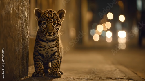 Fototapeta Naklejka Na Ścianę i Meble -  Young spotted feline stands on pavement against a backdrop of city lights at night