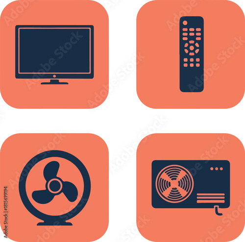 Home appliances arranged neatly on orange squares representing modern technology and convenience in a minimalist style.