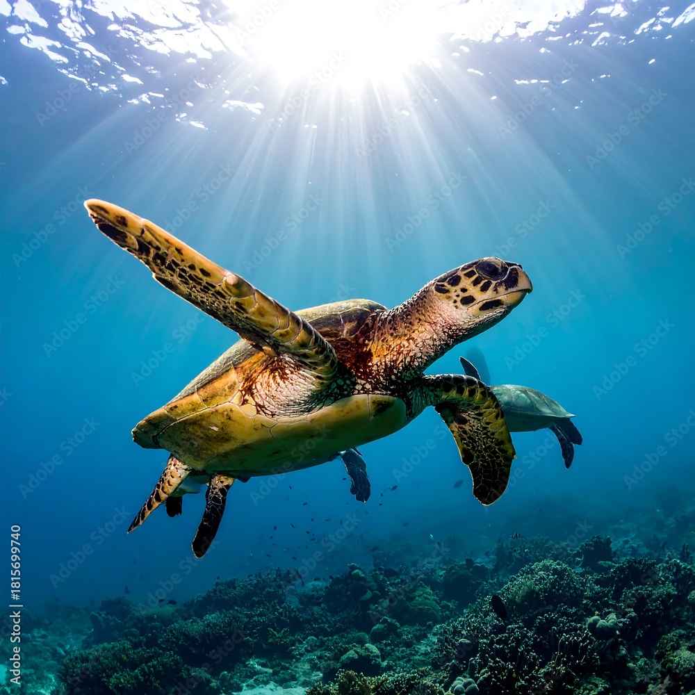 Obraz premium A sea turtle swims towards the light in an underwater scene