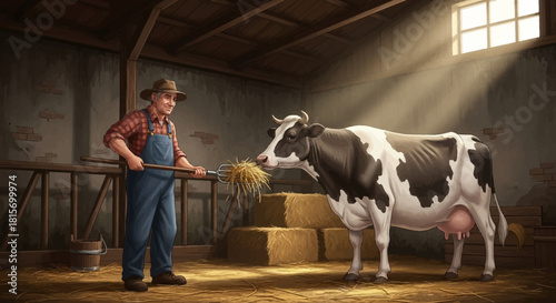 Farmer Feeding a Black and White Cow Inside a Barn with Hay.