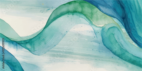 Abstract watercolor painting with flowing teal and blue waves creating a serene and fluid background perfect for artistic designs