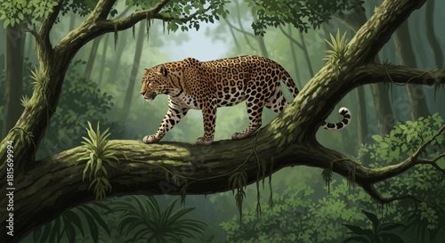 Leopard Striding on a Tree Branch in a Lush Green Forest.