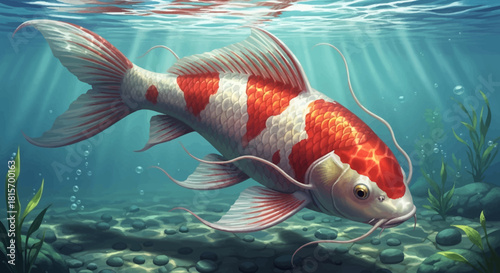 Koi fish swimming underwater with red and white markings.