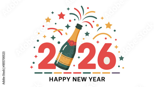 New Year Celebration: Festive graphics for celebrating the year 2026. This dynamic image features a bottle of sparkling champagne and bursts of confetti to commemorate the joyous occasion.