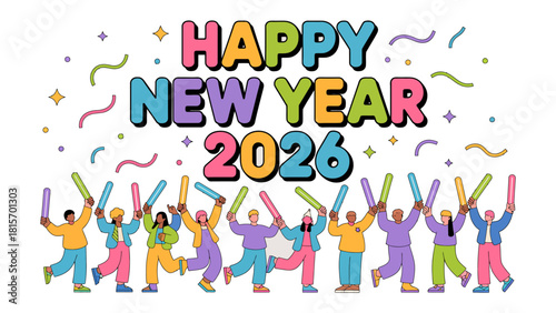 New Year Celebration: A vibrant, colorful illustration of a crowd joyfully celebrating the new year. Festive confetti rains down as the lively group welcomes the upcoming year with enthusiasm.