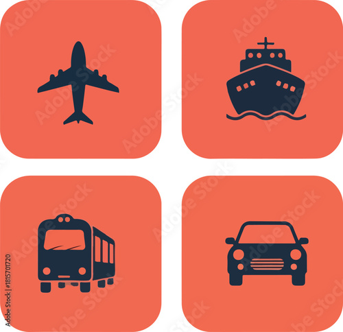 Airplane, ship, bus, and car symbols representing transportation methods arranged on orange squares depict travel and logistics.